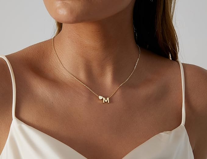 JECOMY Dainty Initial Necklaces for Women 14K Gold Plated Heart Letter Necklace Personalized Initial Heart Pendant